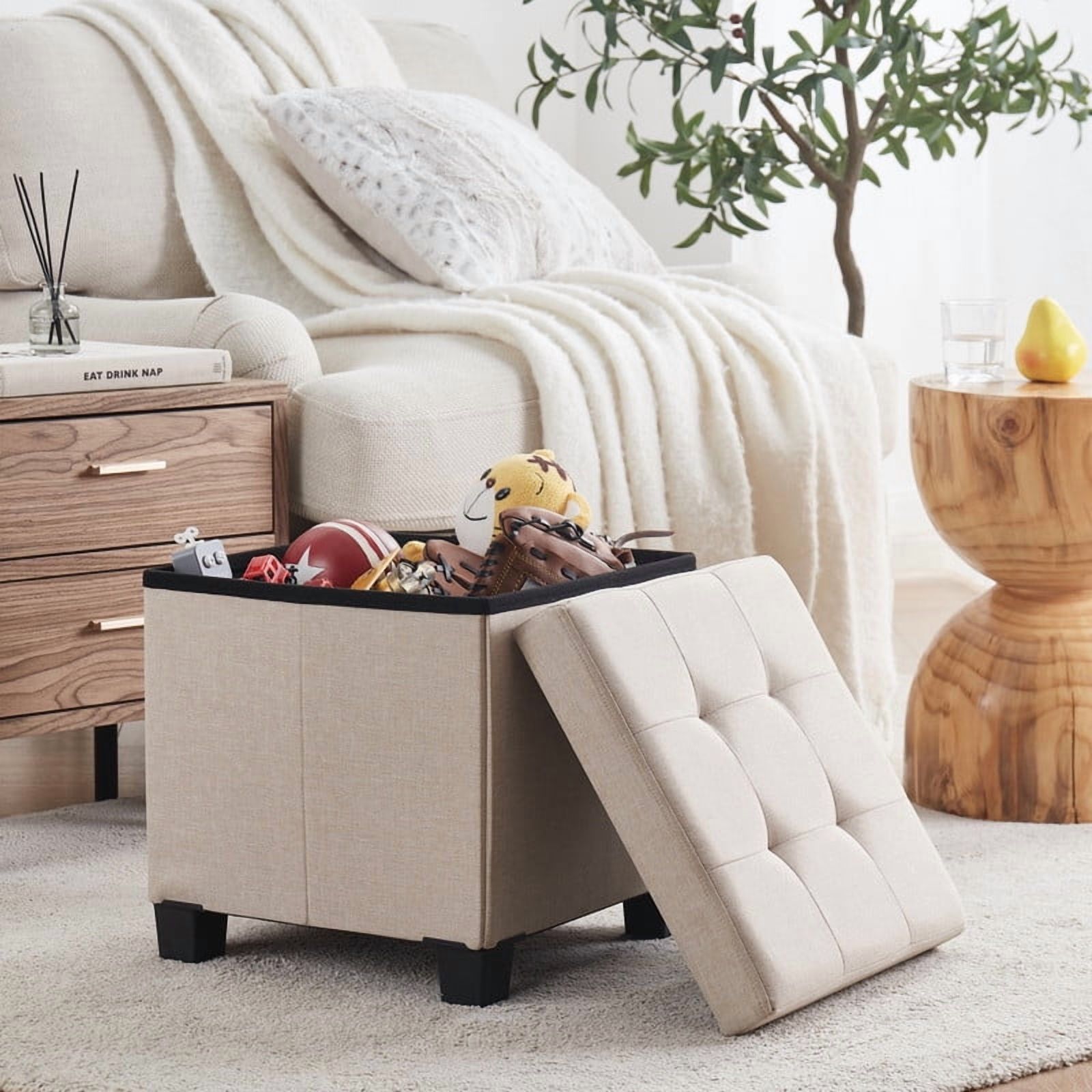 Ornavo Home 15 Inch Folding Storage Ottoman with Storage, Square Cube Linen Small Storage Ottoman Foot Rest Stool with Legs