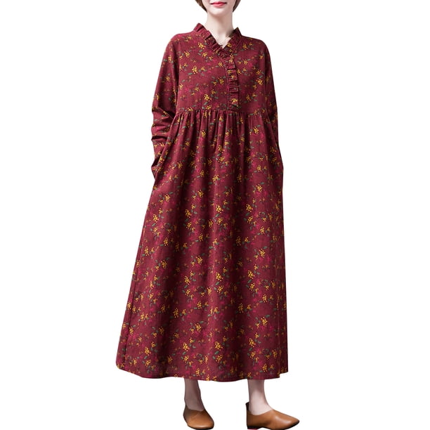 Vestido, Vestido de manga larga vintage para mujer con bolsillos Vestido de otoño informal suelto co Abanopi borgoña/Medio