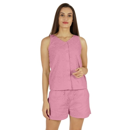 

Bimba Solid Schiffli Top & Short Nightwear Set For Womens Casual 2 pcs Sexy Lounge Sleepwear Set