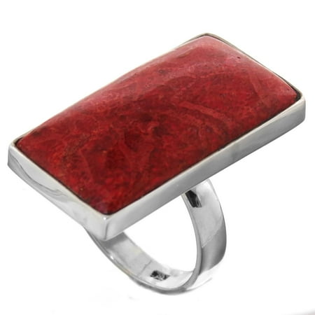 - Bold Rectangle Red Coral 925 Sterling Silver Ring