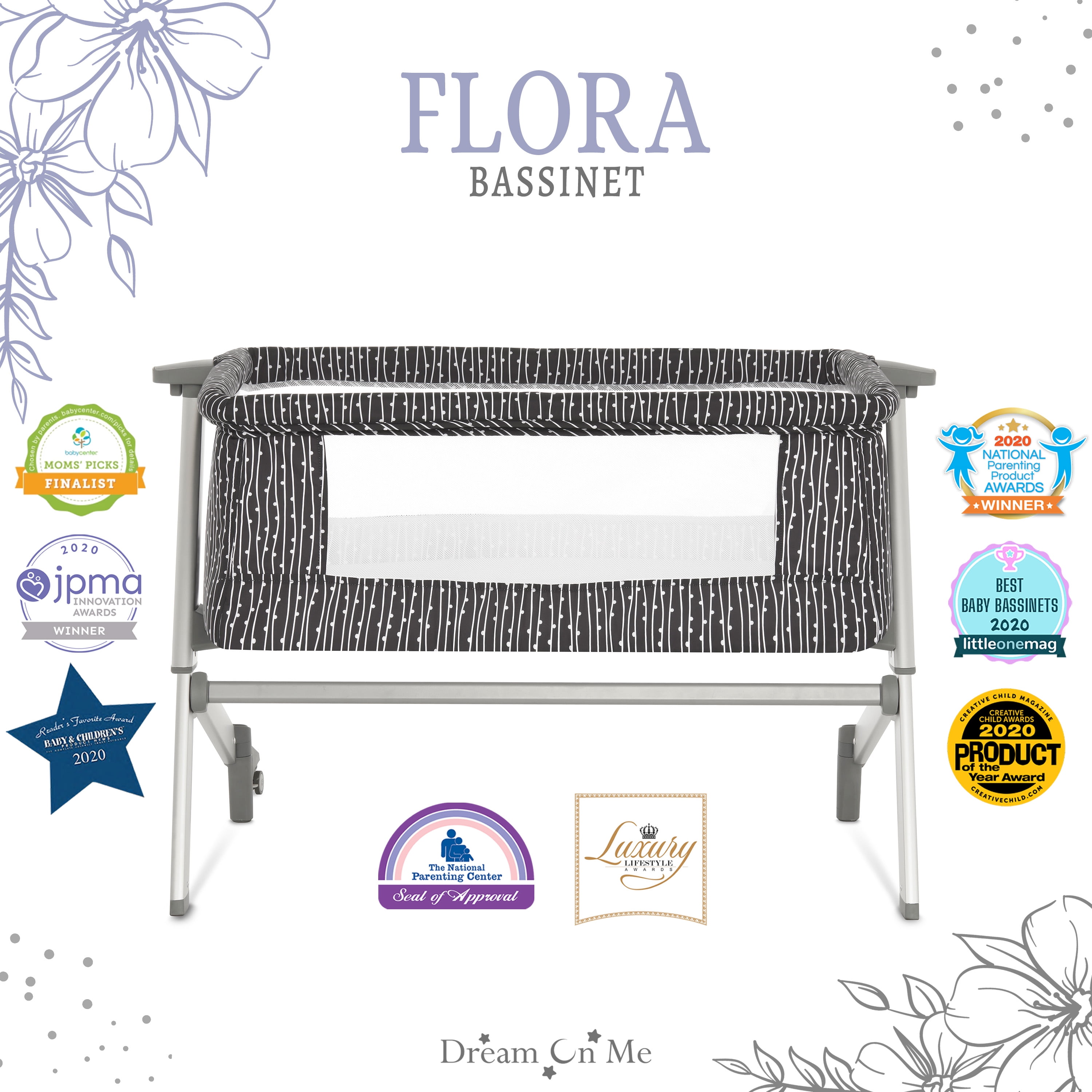 Dream On Me Flora Bassinet with Carry Bag , Compact & Modern, Black & White