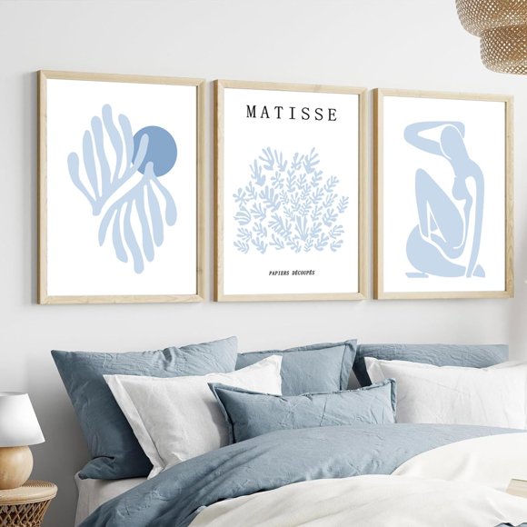 Myhong.1 Blue Flower Poster Set of 3, Henri Matisse Light Blue Aesthetic Wall Art, Abstract Gallery poster Painting Decor Pictures Prints for Bedroom Living Room Bathroom unframe 16"*24"