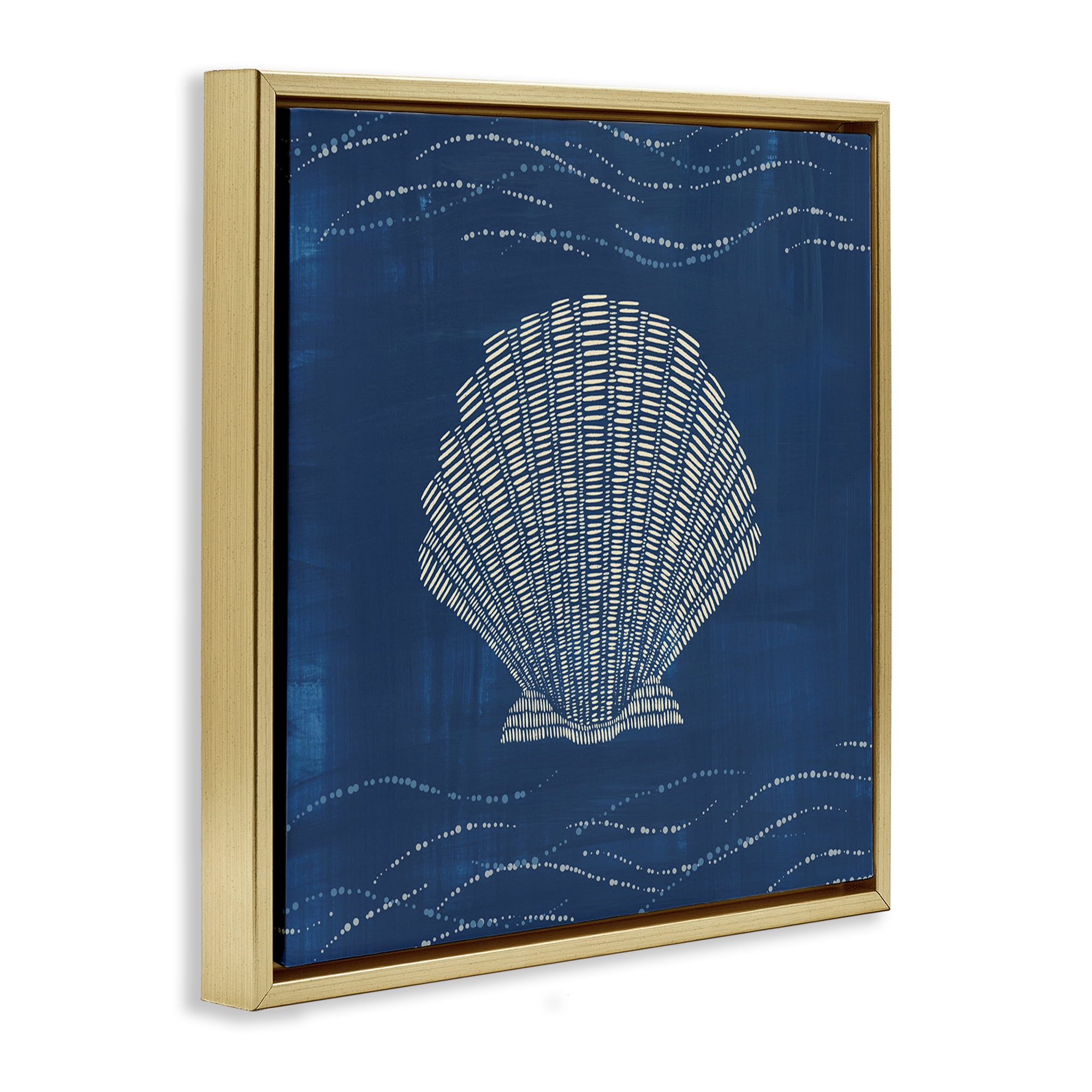 Stupell Industries Clam Shell on Blue Coastal Painting Gold Floater Framed Canvas Art Print Wall Art, 25 x 25
