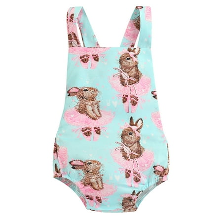 

Calsunbaby Newborn Infant Baby Girls Easter Romper Cartoon Rabbit Printed Backless Strap Jumpsuit Clothes Blue 6-12 Months