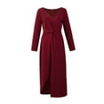 thumbnail image 4 of Amtdh Womens Dresses Casual Sexy Clothes Solid Color Sexy High Waist Split Party Dress for Women Summer Dresses for Women Long Sleeve V-Neck Knee-High Dress for Women Pullover Red L, 4 of 7