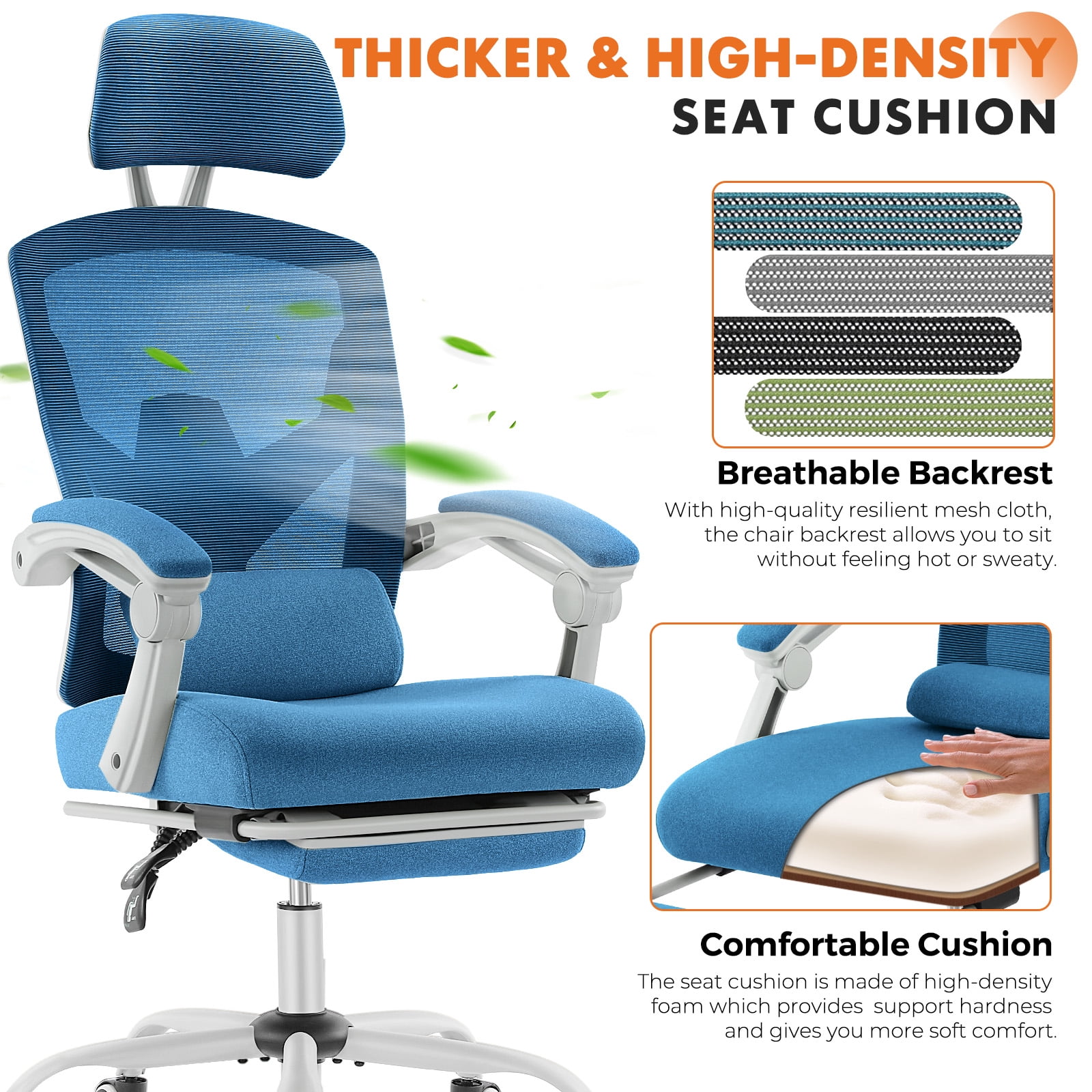 CONCETTA Ergonomic Mesh Office Chair, High Back Swivel Chairs with Adjustable Lumbar Support, Headrest, Footrest, and Armrests, Blue