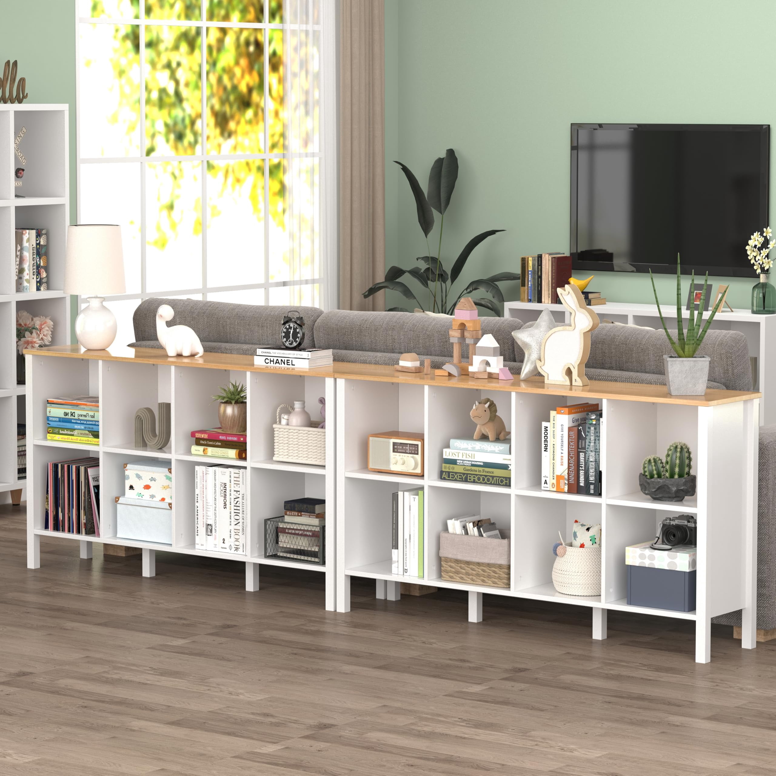 NEWADARA 8-Cube Bookcase, Farmhouse Wooden Bookshelf Low Storage Organizer, 59" Horizontal White Console with Legs, Hallway Book Case for Entryway, Display Cabinet for Living Room (White, 8-Cube)