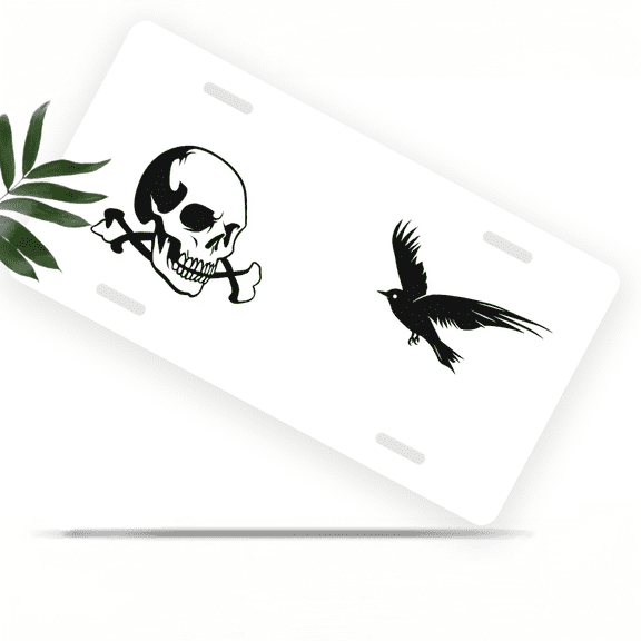1 Pcs 2D Flat License Plate Covers & Frames, Skull and Bird For Decorative Front, Waterproof For Decoration Aluminum License Plate Covers & Frames Cover For Men Women, 12" X 6"