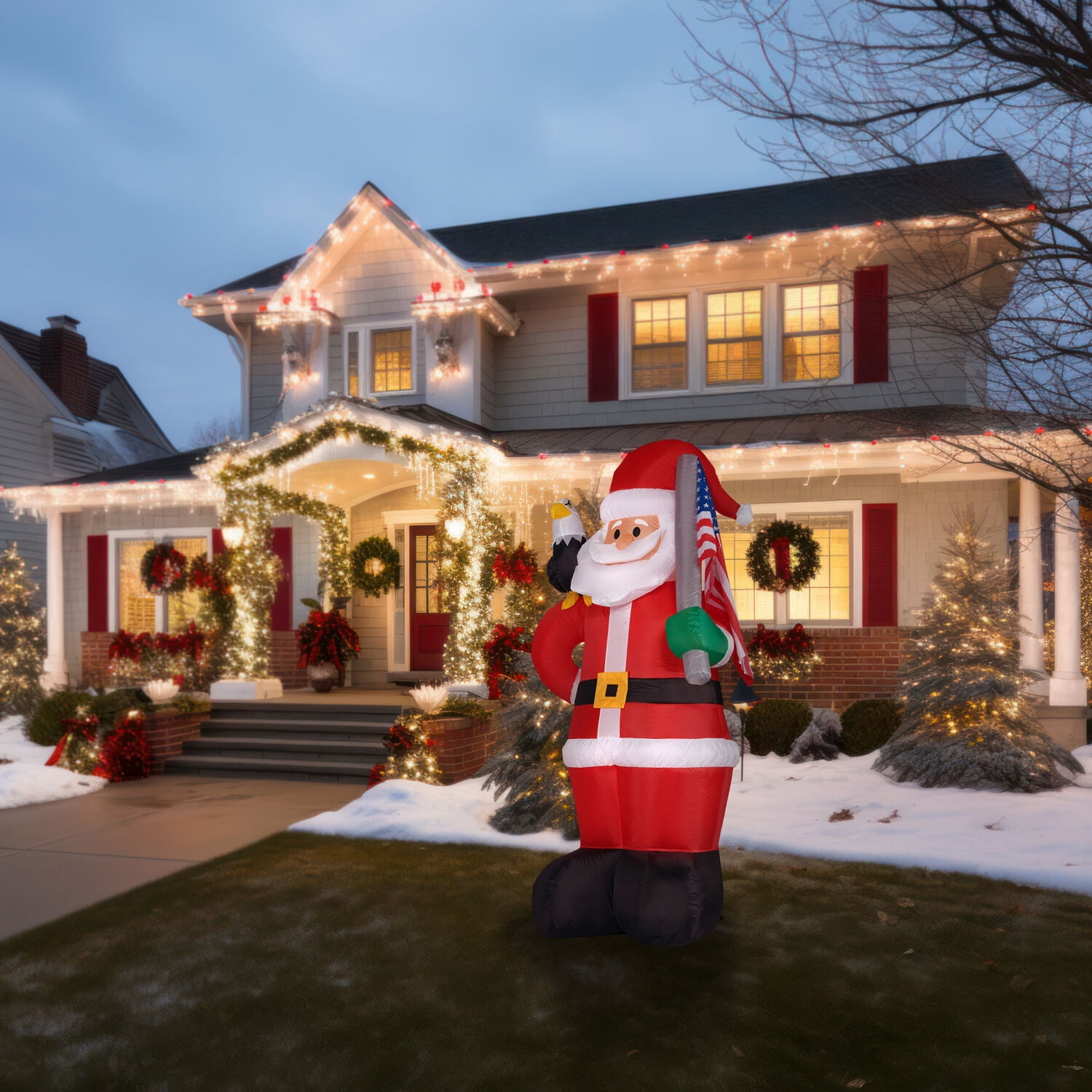 Fraser Hill Farm 8 ft Tall Americana Santa Inflatable with Eagle and American Flag, FHFSANTA081-L