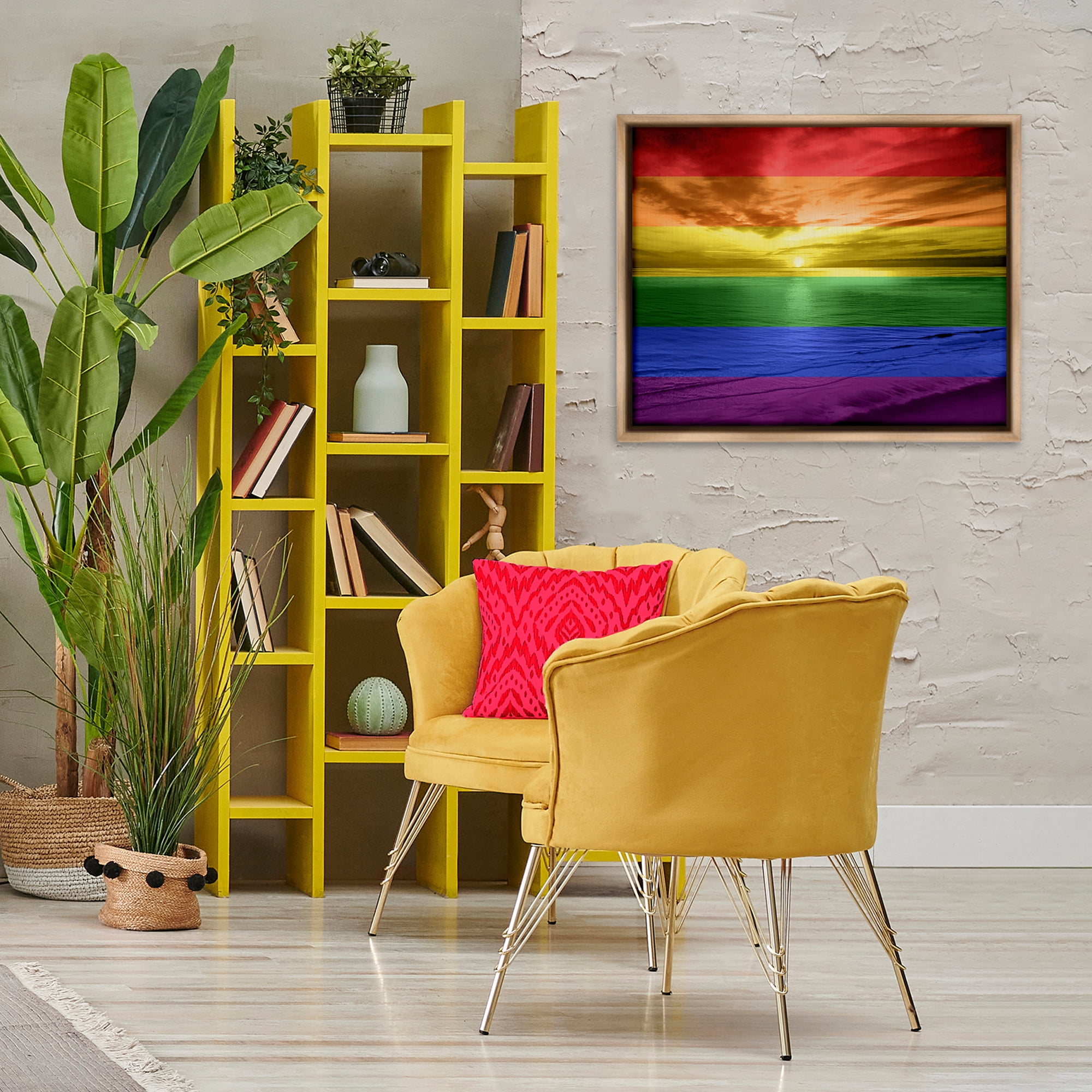 Stupell Industries Rainbow Sunset Beach Coastal Painting Brown Floater Framed Art Print Wall Art, 31 x 25
