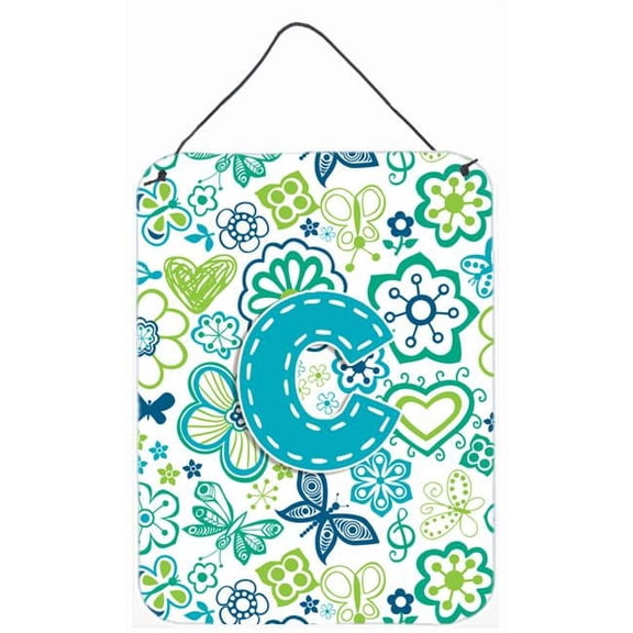 Letter C Flowers and Butterflies Teal Blue Wall or Door Hanging Prints