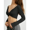 thumbnail image 3 of Rdhnmea Women’s Twist Front Crop Top Long Sleeve Deep V Neck Asymmetrical Shirt Solid Color Slim Fit T-Shirts Blouse, 3 of 6