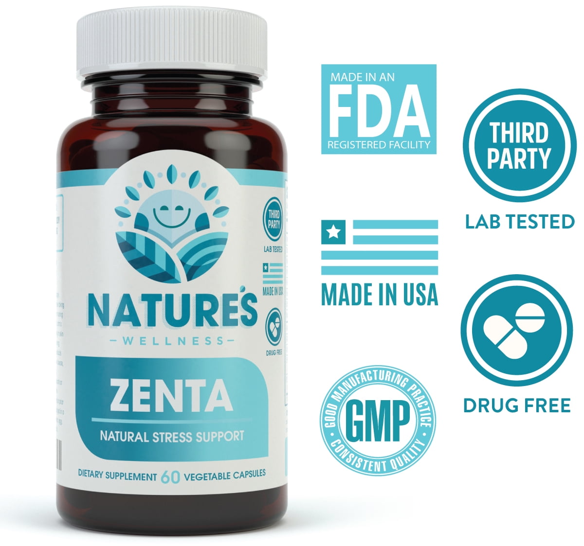 ZENTA - The Natural Relief Supplement to Help Calm Body and Mind | Positive Mood Enhancer - Increase Serotonin Levels with GAB, 5-HTP, Ashwagandha, Chamomile, DMAE | 60 ct