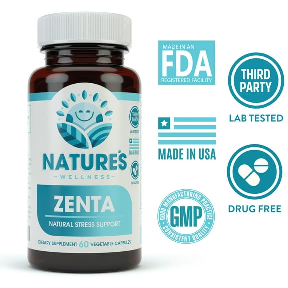 ZENTA - The Natural Relief Supplement to Help Calm Body and Mind | Positive Mood Enhancer - Increase Serotonin Levels with GAB, 5-HTP, Ashwagandha, Chamomile, DMAE | 60 ct