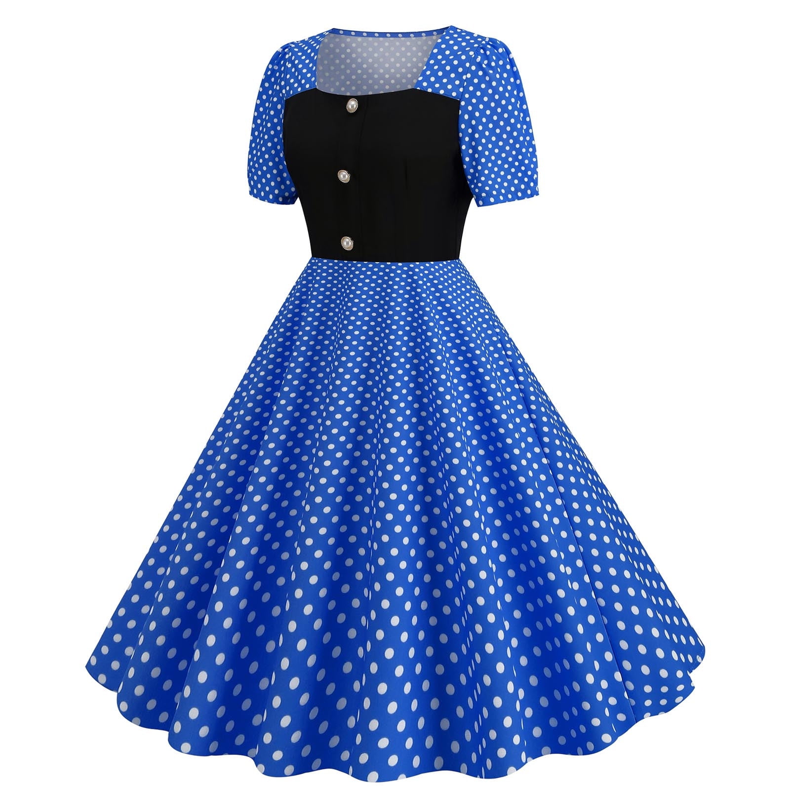 RXIRUCGD Women s Dresses Fashion Women s Casual Dot Printed Puff Sleeves Short Sleeve Square Neck Patchwork Ladies Swing Dress Womens Fashion 2023 Blue Dress Walmart
