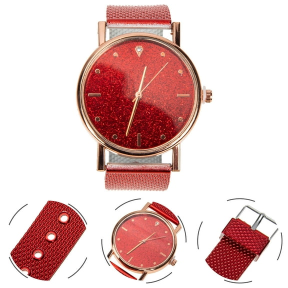 LULULION Women Watch Red 1Set Retro Glass Mirror Hypoallergenic Wristwatch for Daily Wear