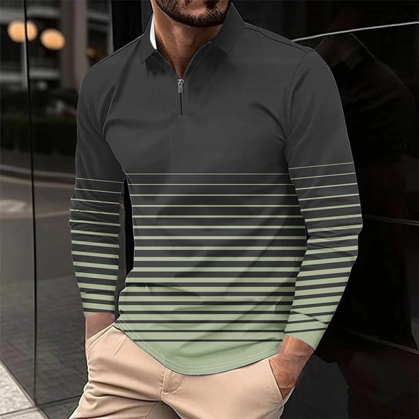 Blusa y camisa de manga larga con cuello vuelto para hombre, informal, holgada, con cremallera, a rayas, estampada, de poliéster.