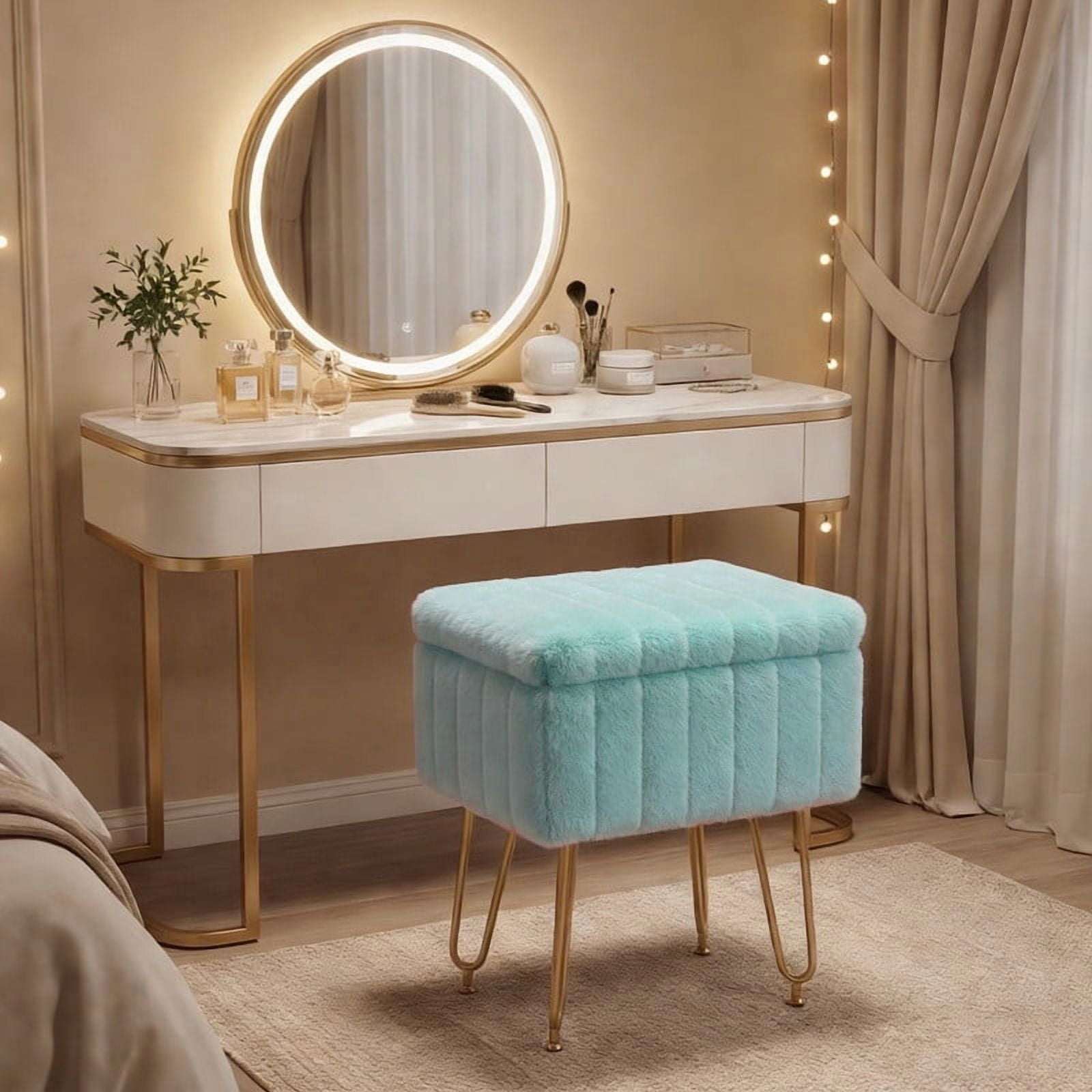 Gianna Square Ottoman with Table Top, Comfortable Footrest With Storage, Vanity Stool Suitable for Living Room，Bedroom, Green