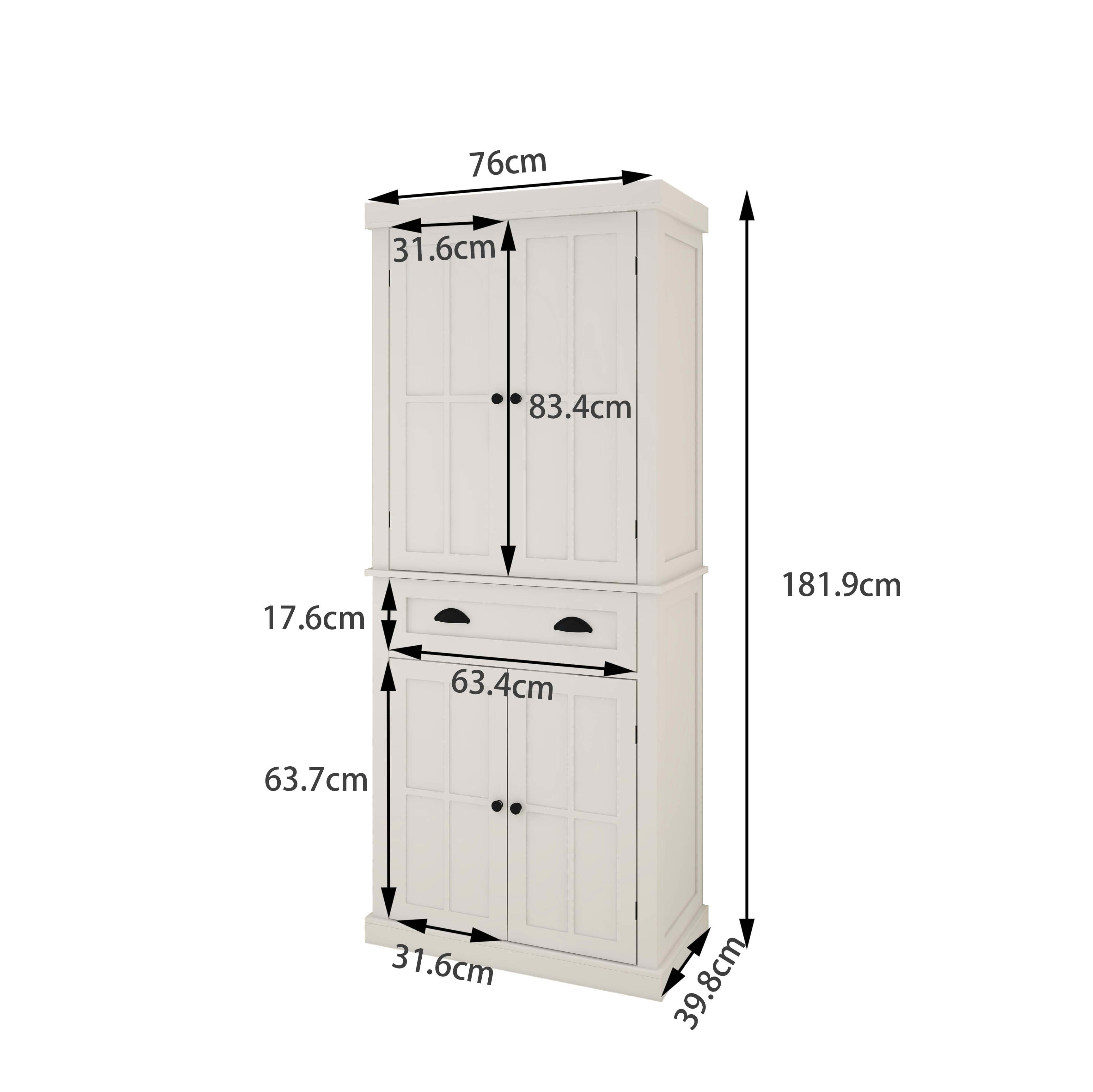 MAYEERTY 71-Inch Kitchen Pantry Storage Cabinet, Freestanding Cupboard with 4 Doors 1 Drawer 2 Adjustable Shelves White