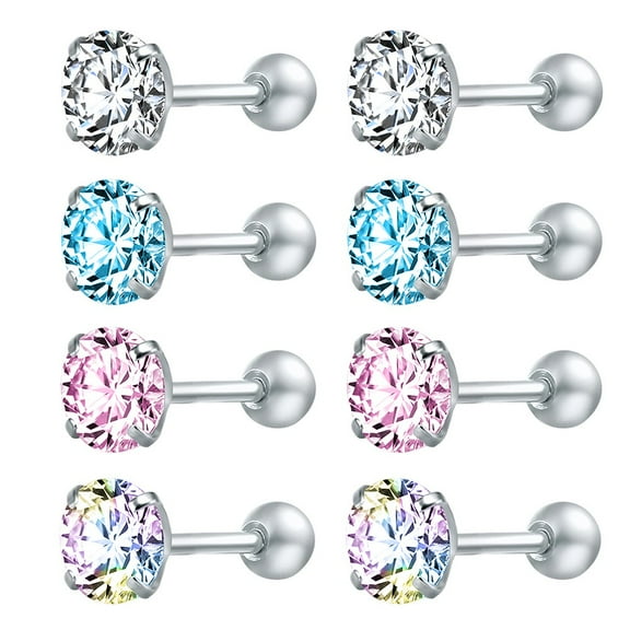 ZS 4 Pairs Round Crystal Stud Earrings 316L Stainless Steel Ear Helix Conch Cartilage Piercing