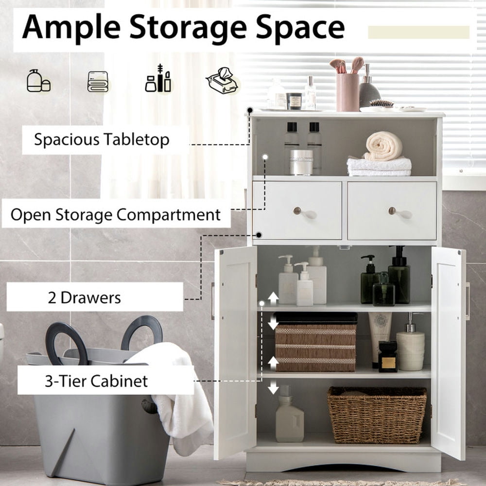 Finihen Bathroom Storage Cabinet, Bathroom Floor Cabinet, 2 Doors Freeestanding Bathroom Floor Cabinet with 2 Drawers and Adjustable Shelves, for Bathroom, Living Room, Bedroom, Kitchen, White Finihen Bathroom Storage Cabinet, Bathroom Floor Cabinet, 2 Doors Freeestanding Bathroom Floor Cabinet with 2 Drawers and Adjustable Shelves, for Bathroom, Living Room, Bedroom, Kitchen, White