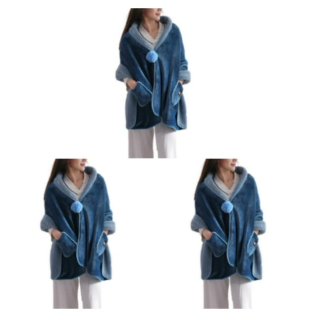 Guardoinrt Soft Fleece Button Bed Jacket With Pockets Stay Warm And Comfortable Overnight Poncho Blanket For Women Polyester blue 3Set