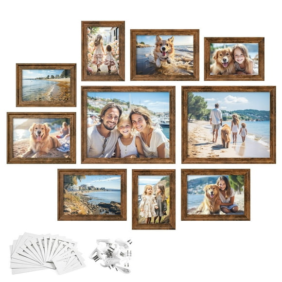 Songmics Picture Frames With 16 Mats, Set Of 10 Collage Photo Frames, Two 8X10, Four 5X7, Four 4X6 Frames, Hanging Or Table Display, Glass, 12 Non-Trace Nails, Rustic Brown