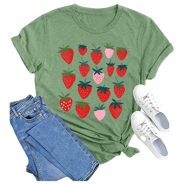 TINZ T-Shirt Décontracté à Imprimé Graphique Fraise pour Femmes, Col Rond, Manches Courtes, Coupe Ample, pour Course