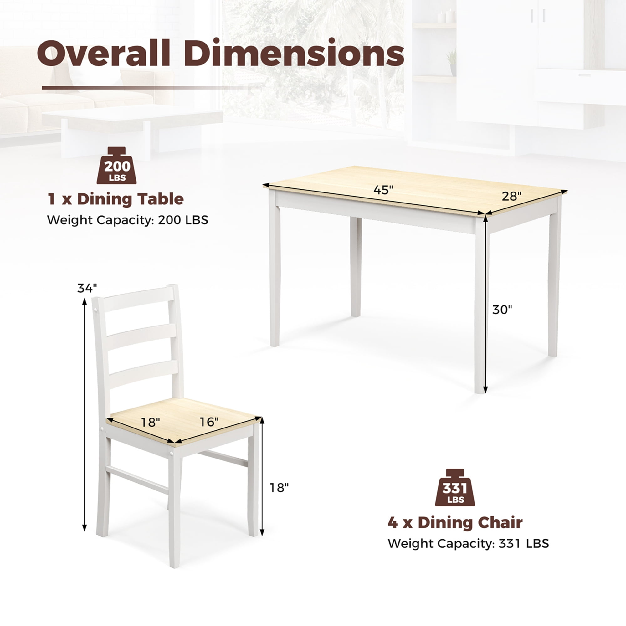 Costway 5 Piece Rubberwood Space Saving Dining Table with Chair Natural