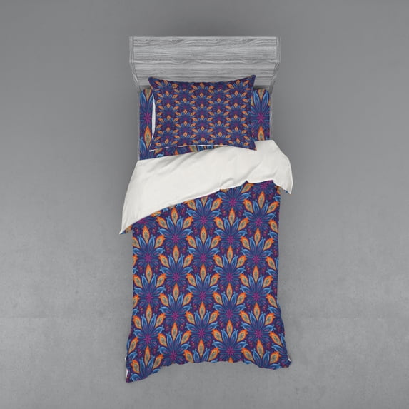 Mandala Duvet Cover Set, Vibrant Colored Floral Pattern Eastern Style Vintage Art Desin Print, Bedding Set with Shams and Fitted Sheet, 3 Sizes, by Ambesonne