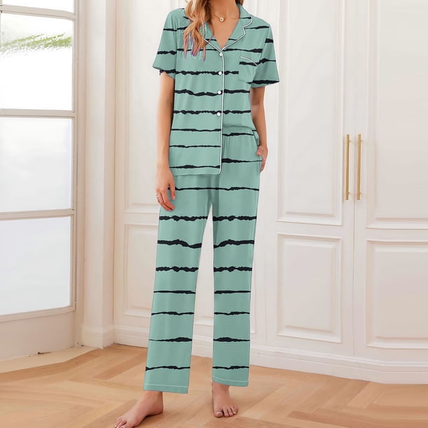 Pijama de manga corta con estampado de rayas para mujer, pantalón largo y fino, con solapa, de poliéster, para mujer
