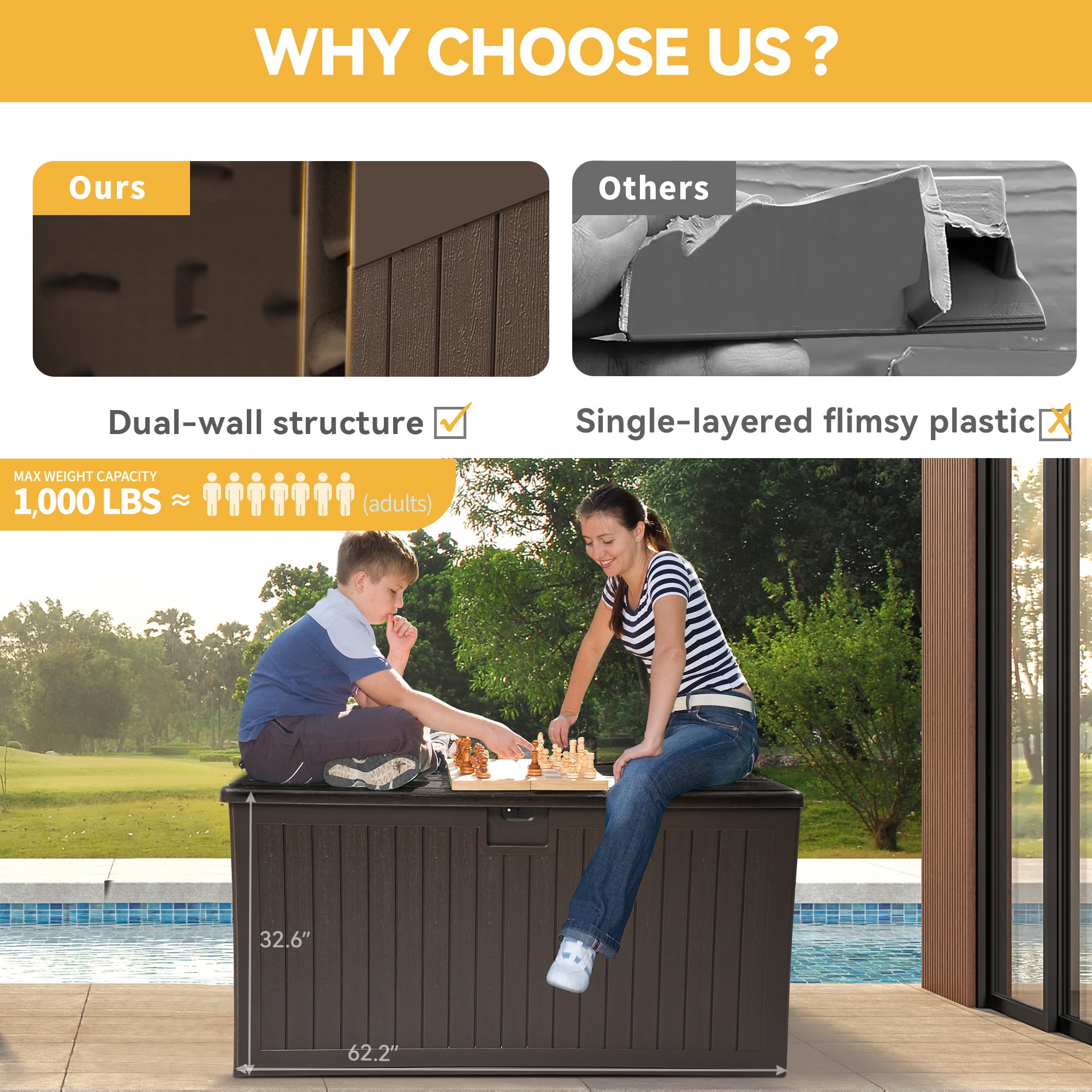 Dextrus Outdoor Weatherproof Large Storage Deck Box for Patio Furniture and Pool Supplies, 230 Gallon Capacity, Brown