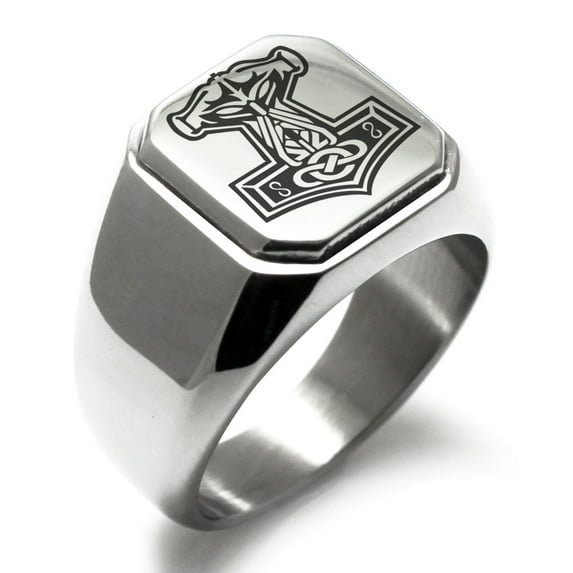 Stainless Steel Mjolnir Thor's Hammer Viking Norse Engraved Square Flat Top Biker Style Polished Signet Ring