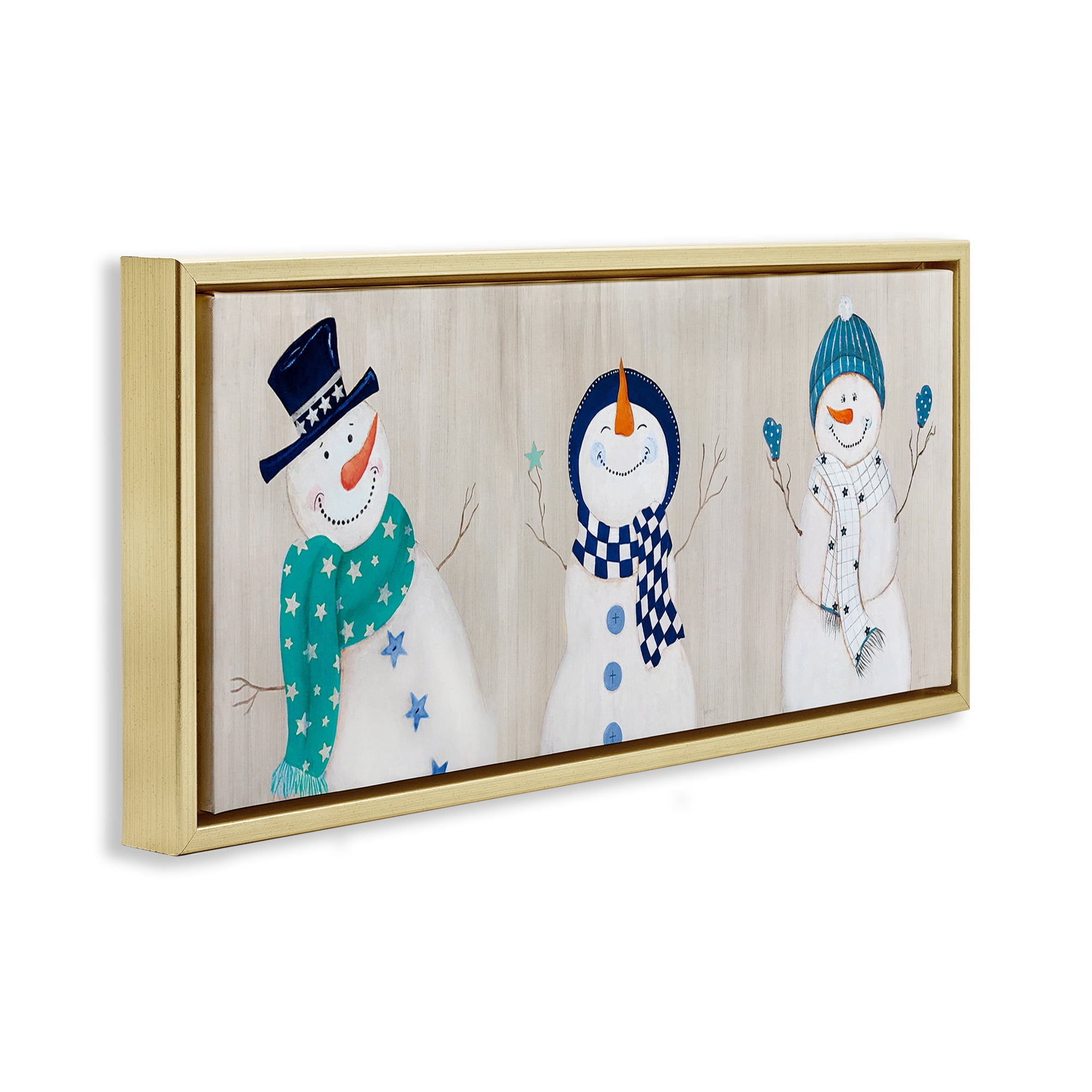 Stupell Industries Happy Snowman Trio Holiday Painting Gold Floater Framed Canvas Art Prints Wall Art, 25 x 11