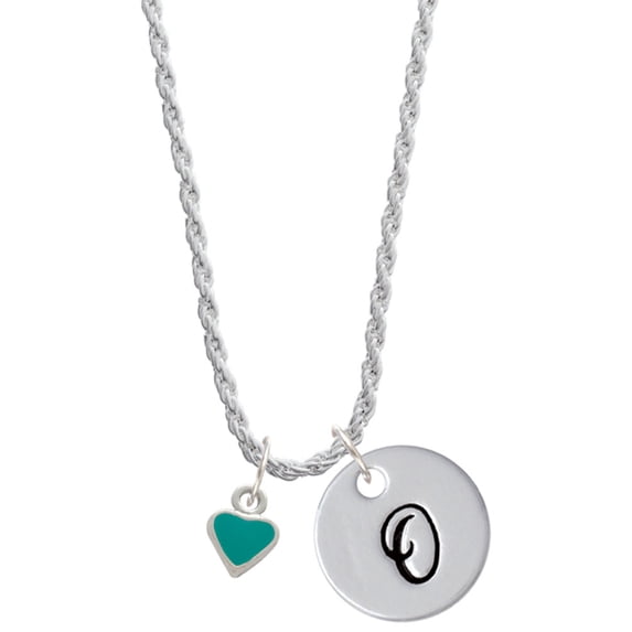 Delight Jewelry Silvertone Mini Two Sided Teal Heart Silvertone Script Initial Disc - O - Charm Necklace, 20"+3"