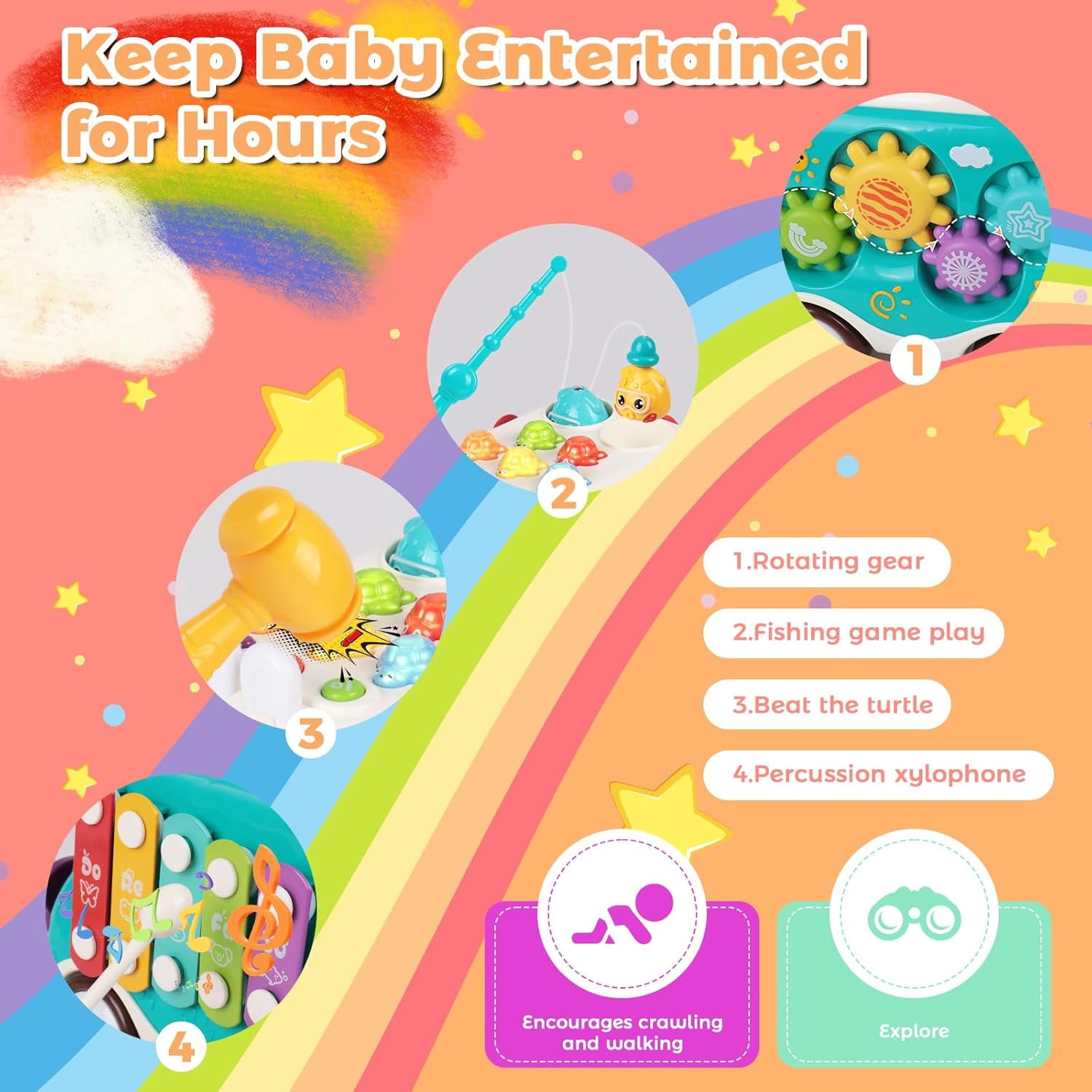 Baby Montessori Toys,6-in-1 Musical Bus Toys for Toddlers,Montessori Sensory Toys with Xylophone,Whack A Mole,Fishing Game,Montessori Sensory Toys for 2 3 4 Year Old,1st Birthday Gifts for Girls Boys