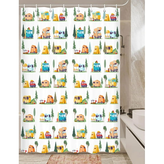 Happy Camper Shower Curtain Retro Rustic Wood Neutral Color For Travel Trailer Camping Theme Motor RV Bathroom Stall Shower Curtain Set, Small Size Waterproof Fabric Shower Cutain, Hooks Include 47x64