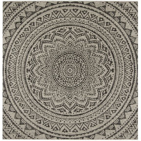 SAFAVIEH Courtyard Josiah Floral Medallion Indoor/Outdoor Area Rug, Light Grey/Black, 3' x 3' Square