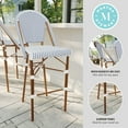 thumbnail image 3 of Martha Stewart Set of 2 Indoor-Outdoor Stackable Bistro Bar Stools with Natural Woodgrain Aluminum Finish Frames, White/Navy Woven Rattan Backs/Seats, 3 of 9
