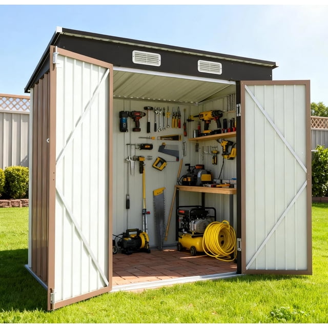 Cobertizo de Almacenamiento Exterior Metálico 6x4 FT, con Puertas Dobles con Cerradura y 2 Ventanas de Ventilación Blancas para Herramientas de Jardín, Patio y Trasero, Caqui
