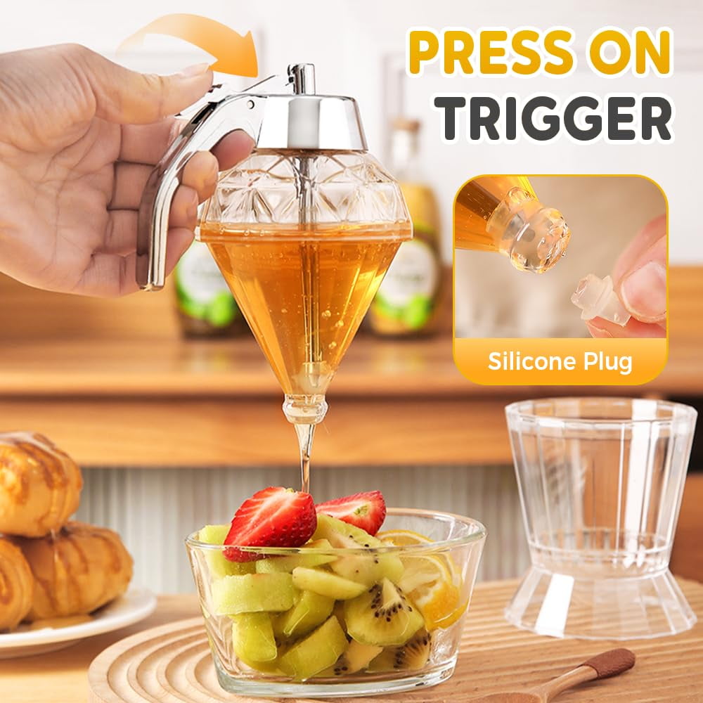 Honey Dispenser No Drip, Maple Syrup Dispenser, Honey Jar with Stand Honeycomb Shaped Honey Holder and Syrup Dispenser, Elegant Honeycomb Design