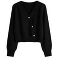 thumbnail image 2 of Women's Solid Color V-neck Breasted Short Loose Cardigan Sweater Jacket for Fall Winter Lightweight Outerwear,Black,One Size, 2 of 4