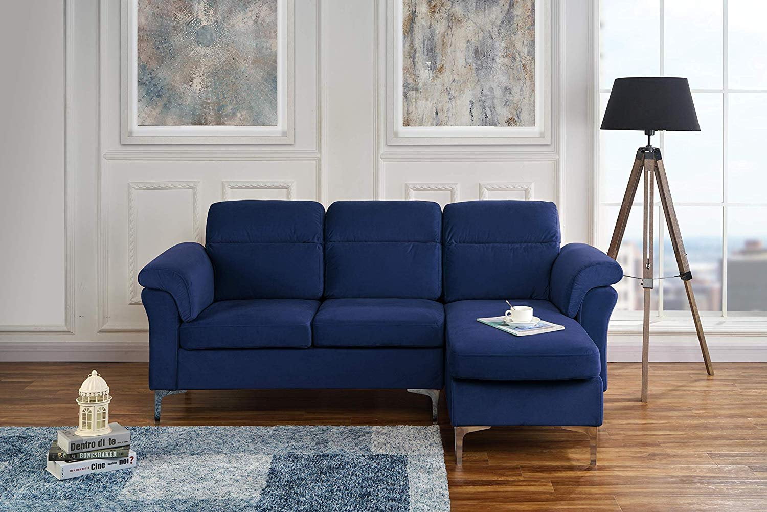 Modern Velvet Fabric Sectional Sofa Small Space Couch Navy Walmart Com Walmart Com