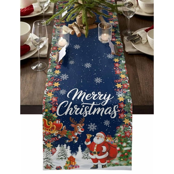 Navy Blue Christmas Dresser Scarf Farmhouse, Dining Table Decorations for Wedding/Parties, Santa Elk Gifts Snowflake Winter Xmas Tree Table Runner 90 Inches Long for Kitchen Dining, 13 x 90 In