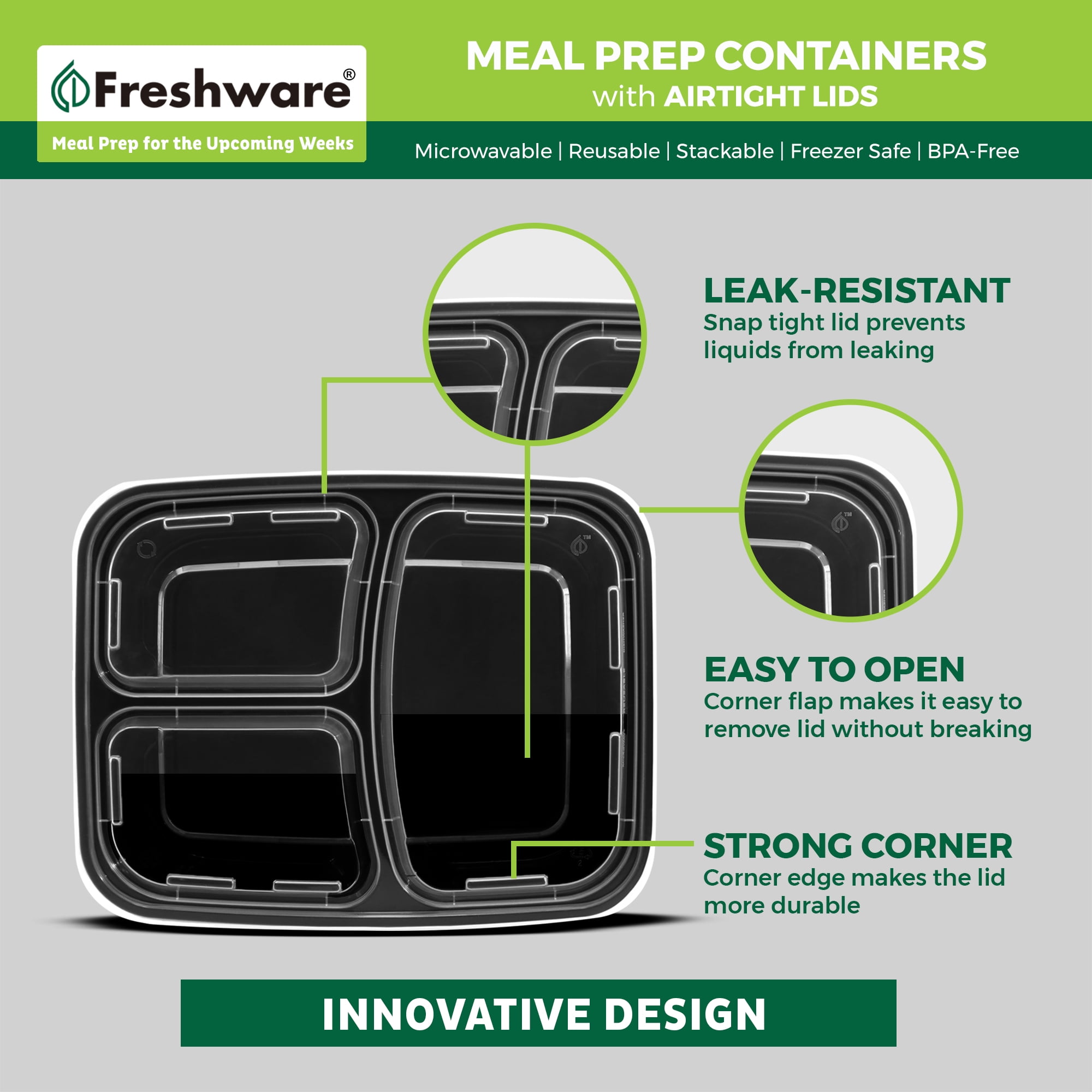 Freshware 3-Compartment Bento Box Meal Prep Containers, 150 pack