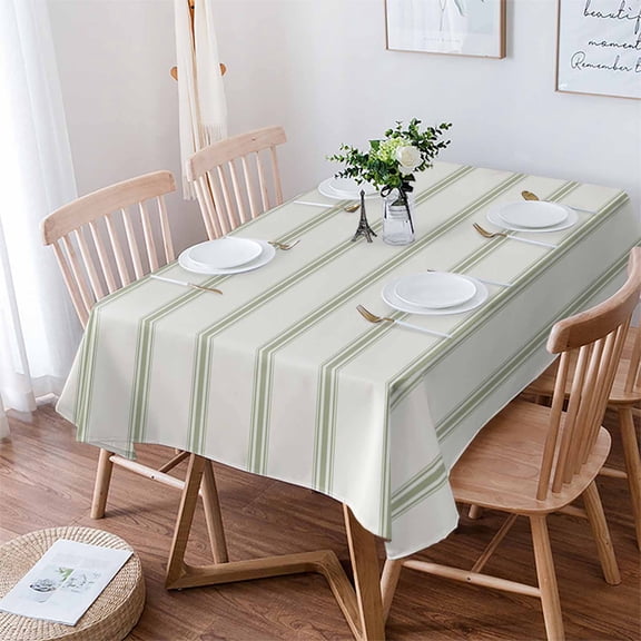 Sage Green Striped Tablecloth Rectangle Table Cloth 60x102 , Waterproof Tablecloth Outdoor Table Cloth, Rustic Green Stripe Modern Art Beige Washable Table Cover for Kitchen Dining Party
