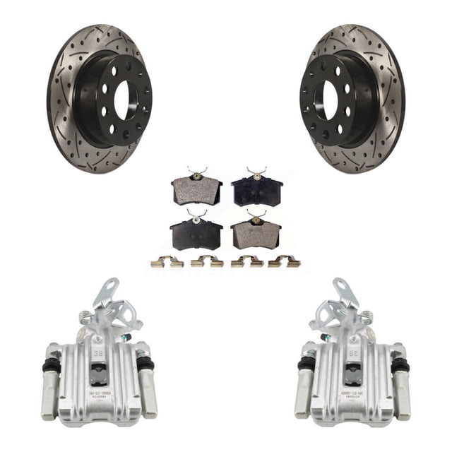 Transit Auto Rear Disc Brake Coated Caliper Drilled Slotted Rotors and Semi-Metallic Pads Kit for Car Volkswagen Jetta Beetle Audi A3 with 253mm Diameter Rotor KCD-100441P