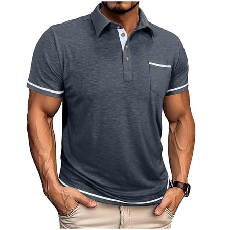 VSSSJ Mens Short Sleeve Shirt Casual Collared Golf T-Shirt Classic Button Lightweight Loose Athletic Pullover Shirts with Pocket Dark Gray L
