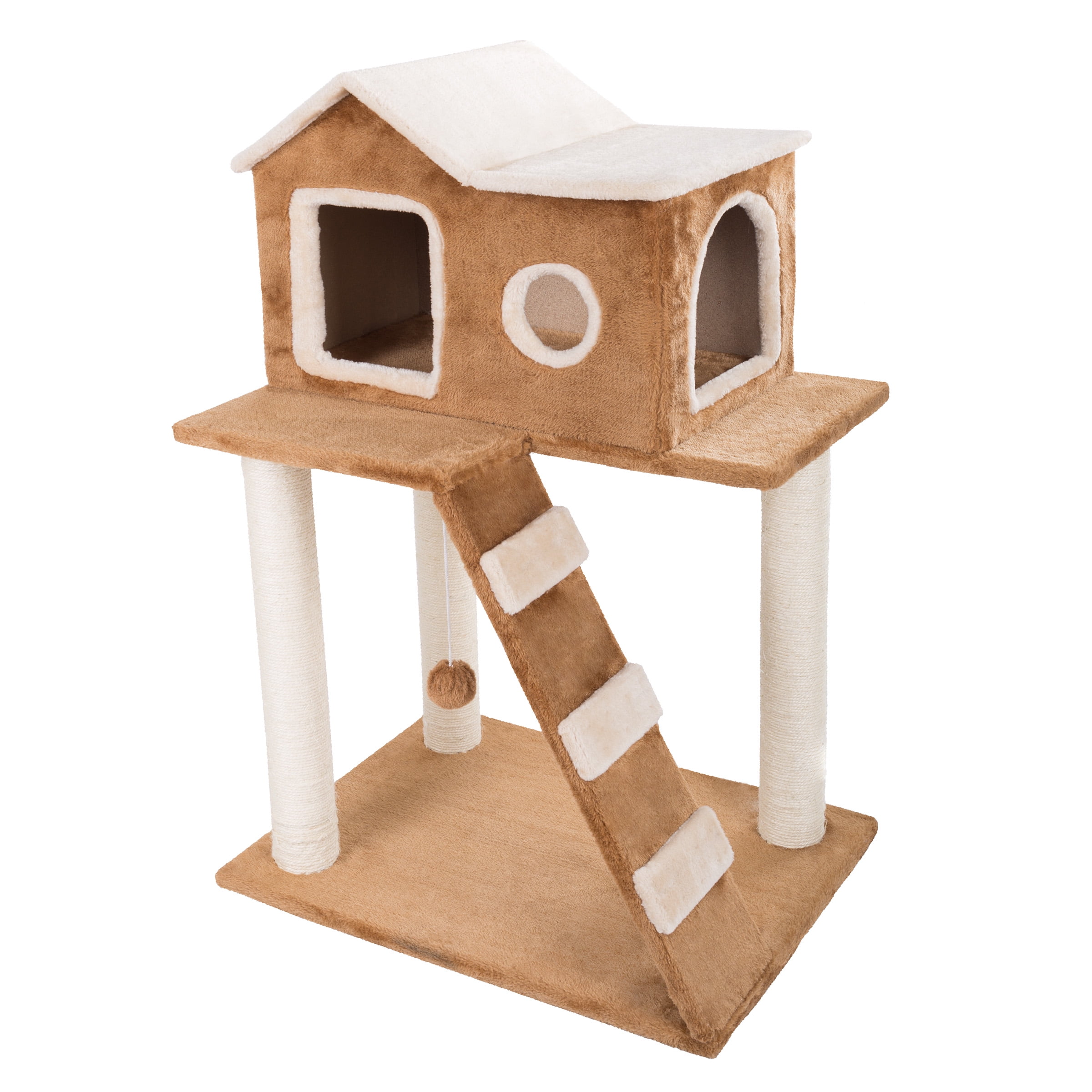 PETMAKER 35in Cat Tree with Ladder, House, Scratch Posts, and Toy (Brown)