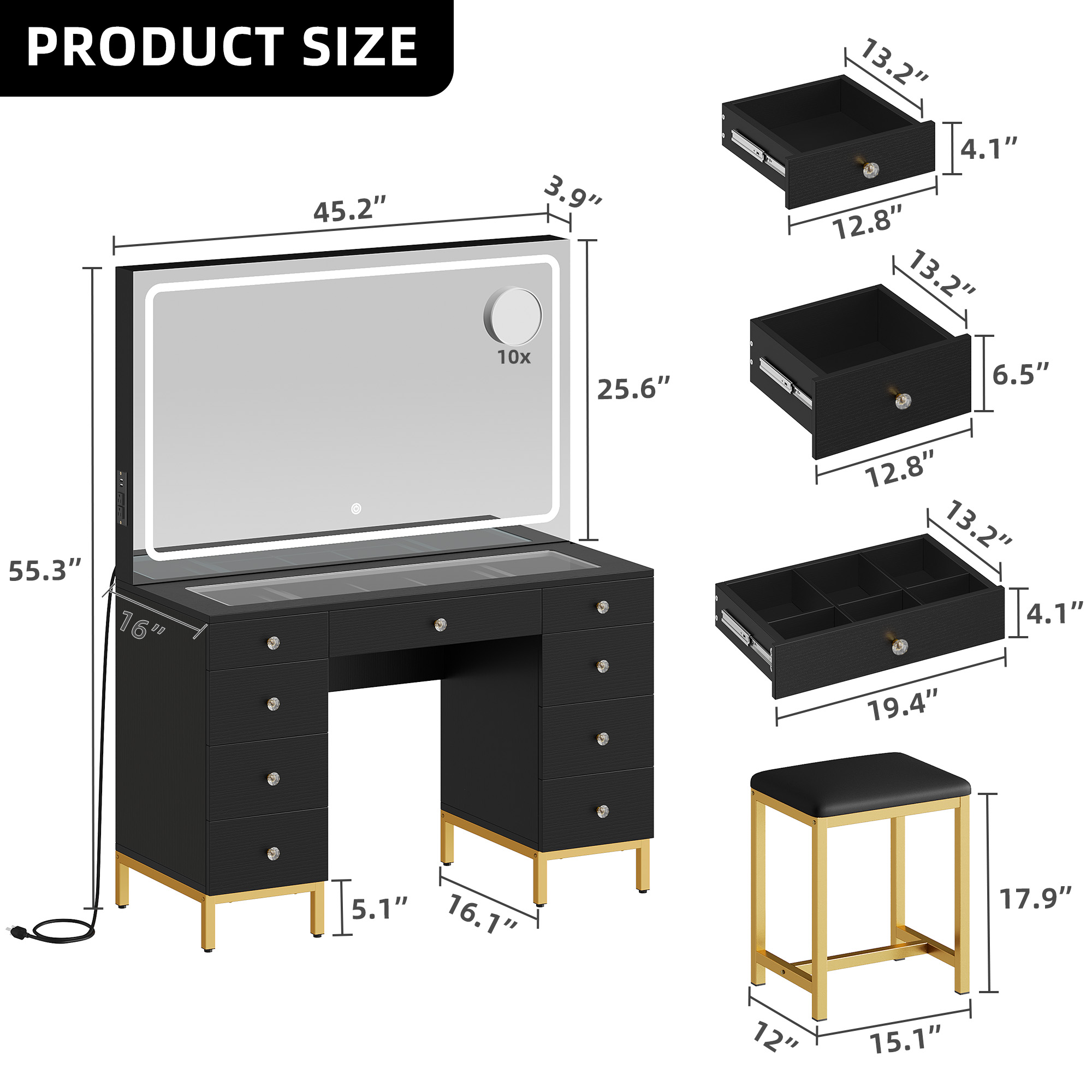 Uforic Makeup Vanity Set with 3 Color Lighted Mirror & Charging Station & Stool, Modern Vanity Desk Dressing Table with 9 Drawers & Magnifying Glass for Bedroom for Women Girls,Black